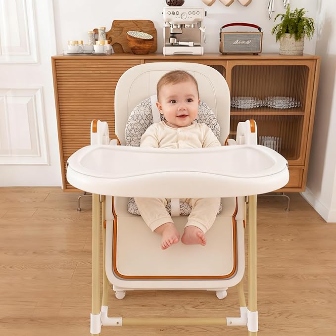 Foldable Baby High Chair with 150° Swing & Recline,Convertible High Chairs for Babies and Toddlers,5 Height Levels,3 Backrest & Footrest Positions,Removable Double Tray,Lockable Wheels (White)