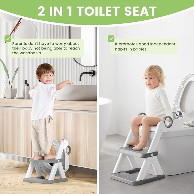 COOSEYA Frog Toilet Seat, Potty Training Toilet Seat for Toddler, Upgrade Potty Training 2 in 1 Toddler Toilet Seat for Boys Girls,Waterproof Soft Mat Non-slip Step Stool