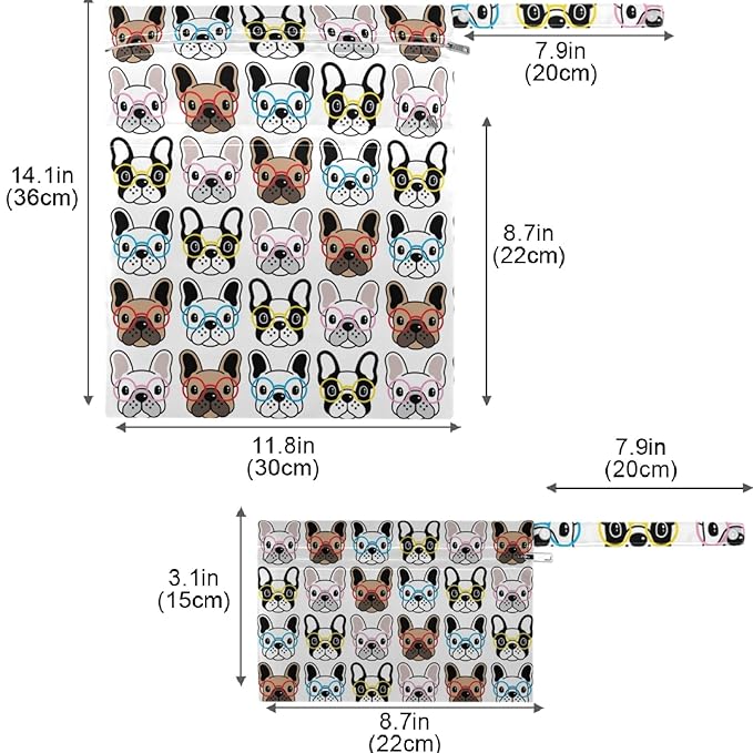 visesunny French Bulldog 2Pcs Wet Bag with Zippered Pockets Washable Reusable Roomy for Travel,Beach,Pool,Daycare,Stroller,Diapers,Dirty Gym Clothes, Wet Swimsuits, Toiletries