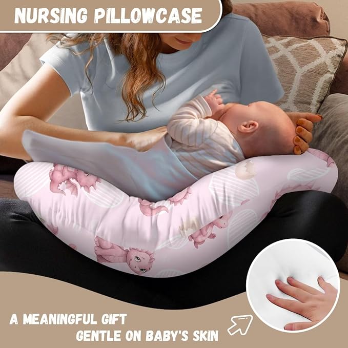 Dinosaur Nursing Pillow Cover for Baby Girls, Pink Breastfeeding Pillow Slipcover Cushion Cover, Soft Breast Feeding Pillows, Easy to Clean