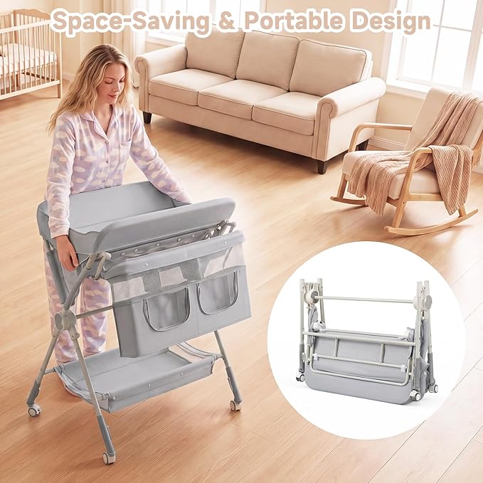 INFANS Portable Baby Changing Table with Wheels, Foldable Diaper Changing Station with Adjustable Heights, Large Organizer Storage for Newborn Infant (Light Gray)