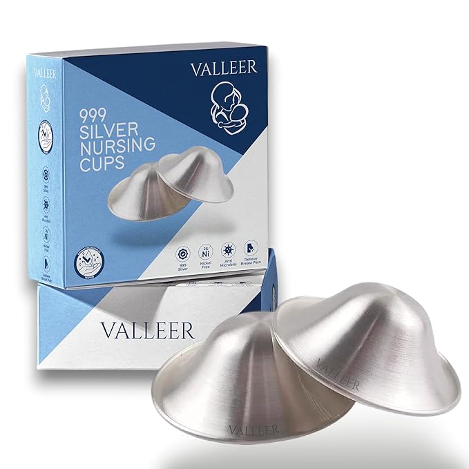 VALLEER® Pure Silver Nursing Cups – 925 Silver Nipple Shields for Breastfeeding – Soothes & Protects Sore or Cracked Nipples – Hypoallergenic & Reusable Nursing Essentials (999 Silver - XL Size)