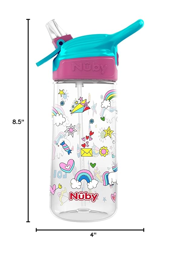Nuby Push Button Flip-it Soft Spout Tritan Water Bottle, Pink Unicorns, 18 Oz