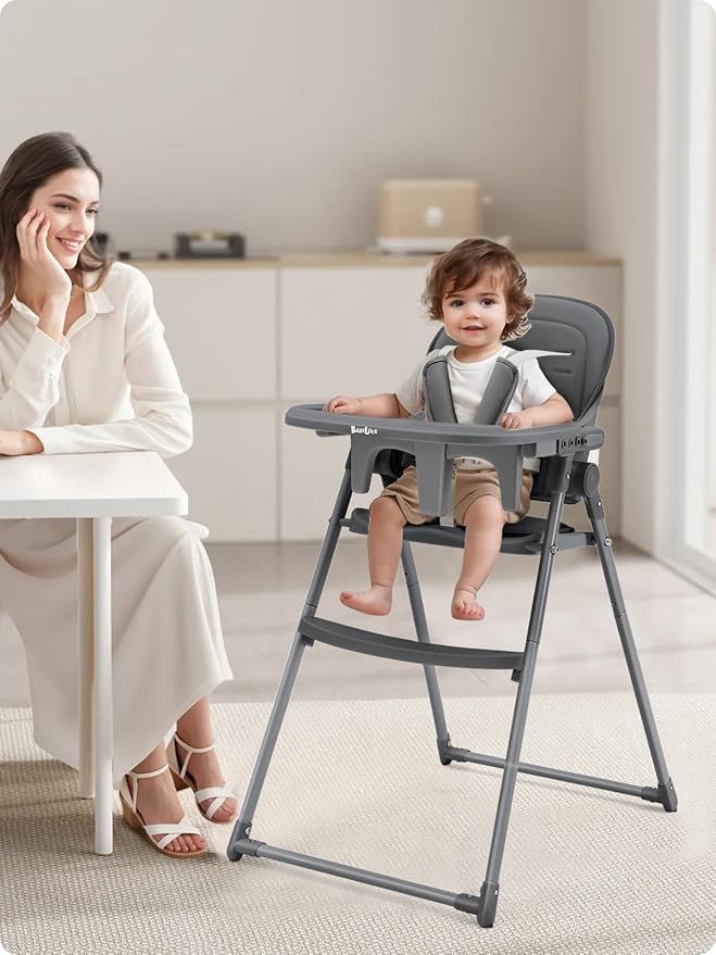 Foldable High Chair for Infants & Toddlers, Adjustable 3-Position Dishwasher-Safe Tray, 5-Point Safety Harness, Space-Saving Design for Dining & Mealtime, Gray