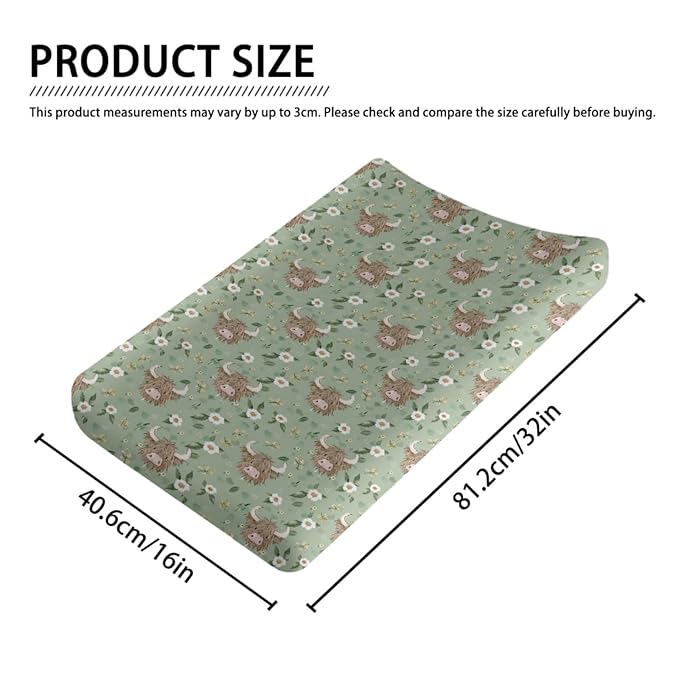 Farm Highland Cow Floral Flowers Leaves Baby Changing Pad Cover, Unisex Western Cow Nursery Diaper Changing Table Pad Mat Sheet for Boys Girls-16x32