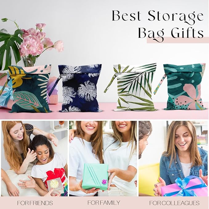 4Pcs Waterproof Wet Bag for Swimsuit, Travel Beach Wet Dry Bag, Hidden Zipper Reusable Palm leaf aloha bags, for Travel Beach Wet Swimsuits Toiletries Diapers Laundry Bag