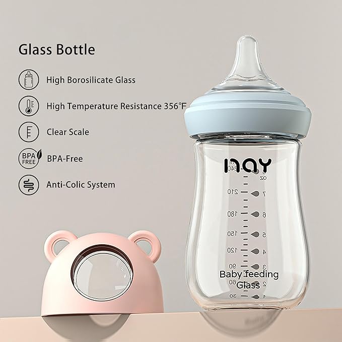 yanyoyo Natural Glass Baby Bottle for Breastfeeding Babies, 8oz Anti-Colic Baby Bottle with Natural Response Nipple(M), Clear, Wide Neck, 4 Pack, 3 Months+