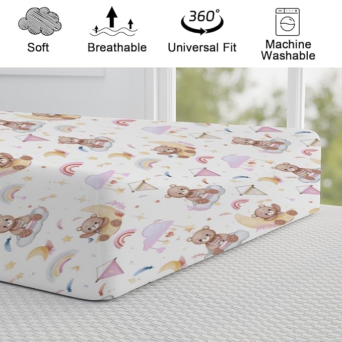 Cartoon Cute Bear Girl Changing Pad Covers Pink Bear Rainbow Moon Stars Clouds Leaf Baby Change Table Sheets Cover for Boys Girls Soft Stretchy Diaper Changing Table Mats 32''x16''