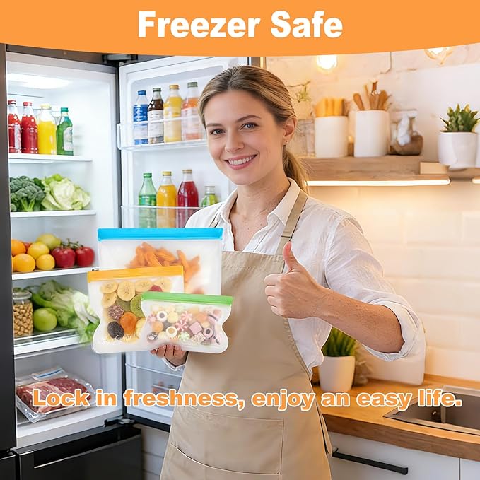 Serfeymi 10 Pack Reusable Gallon Freezer Dishwasher Safe, Extra Thick Reusable Plastic Bags BPA Free, Leak Proof Food Storage Bags with 3 Sizes for Meat, Travel, Fruit - 3 Gallon 4 Sandwich 3 Snack