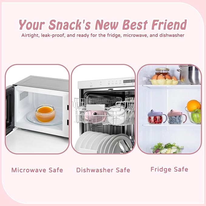 SELEWARE 2 Pack Toddler Snack Cups No Spill Snack Containers for Kids with Spill-Proof Lid & Handle, 12.3 Oz BPA-Free Plastic Baby Snack Catcher, Dishwasher Safe, Cute Frog Design (Pink & Purple)