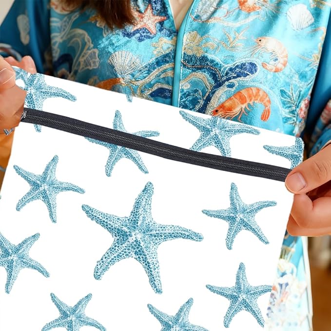 2Pcs 2 Sizes Starfish Wet Bag Swimsuit Beach Wet Bags Ocean Theme Polyester Waterproof Sandproof Reusable Storage Zipper Pouch for Friends Makeup Swimsuit Travel Dirty Diaper Clothes Gifts