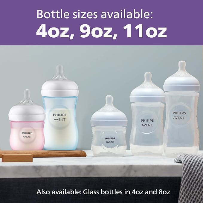 Philips Avent Natural Baby Bottles with Natural Response Nipples (Medium Flow, Flow 3), 9oz, Purple, 4-Pack, SCY903/34