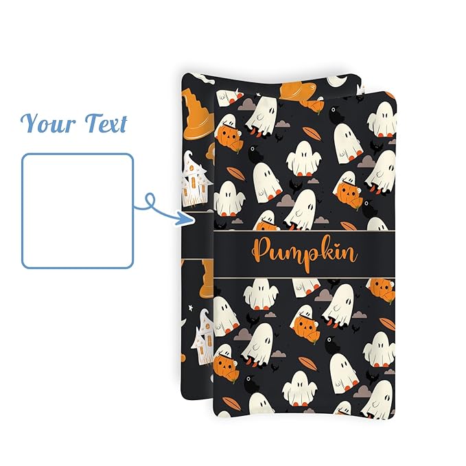 KAINSY Personalized Halloween Black Ghost Pumpkin Print Changing Pad Cover, Custom Diaper Change Table Sheets with Name, Soft Jersey Knit Change Table Sheets, 2 Pack Changing Pad Covers (16" x 32")