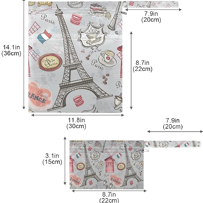 visesunny Red House Eiffel Tower 2Pcs Wet Bag with Zippered Pockets Washable Reusable Roomy for Travel,Beach,Pool,Daycare,Stroller,Diapers,Dirty Gym Clothes, Wet Swimsuits, Toiletries