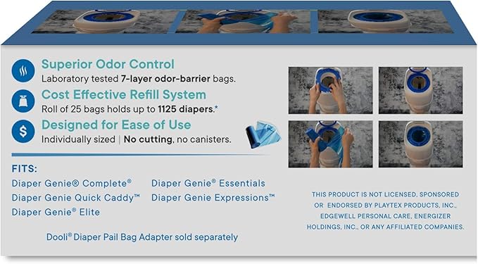 Diaper Pail Bag Refills, Compatible with Diaper Genie, Roll of 25 Bags, Holds up to 1,125 Diapers