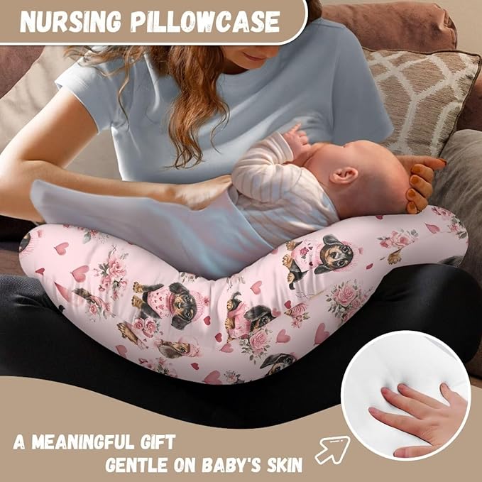 Jeiento Pink Love Heart Dachshund Dogs Nursing Pillow Covers Cute Cartoon Nursing Pillow Cover Slipcover Comfortable Pillowcase for Breastfeeding and Bottle Feeding