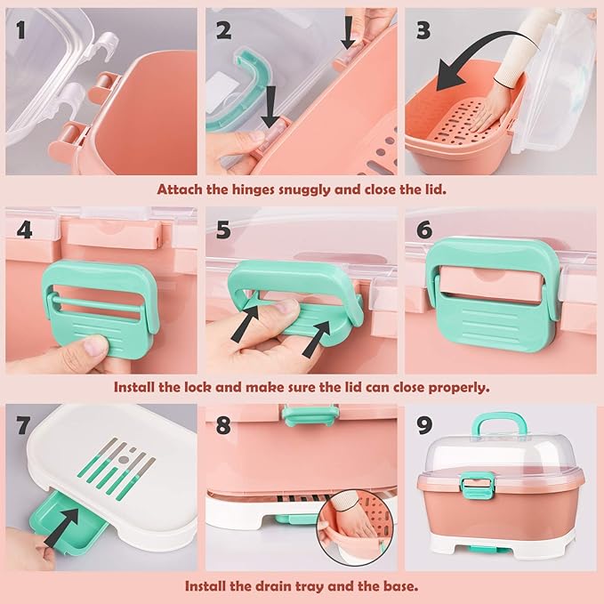 NiHome Portable Baby Bottle Drying Rack with Anti-Dust Lid, Cutlery Organizer and Drain Board - Easy-Carry Handle for Home, Kitchen, Travel and Outdoors (Pink)