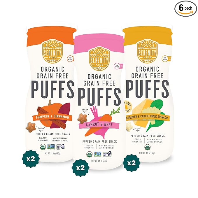 Serenity Kids 6+ Months Baby Puffs - Pack of 6, 1.5 Oz, Variety Pack - USDA Organic Grain Free Puffs - Healthy Snacks for Kids with Veggies & Olive Oil - Dissolvable Finger Food for Toddler Snacks