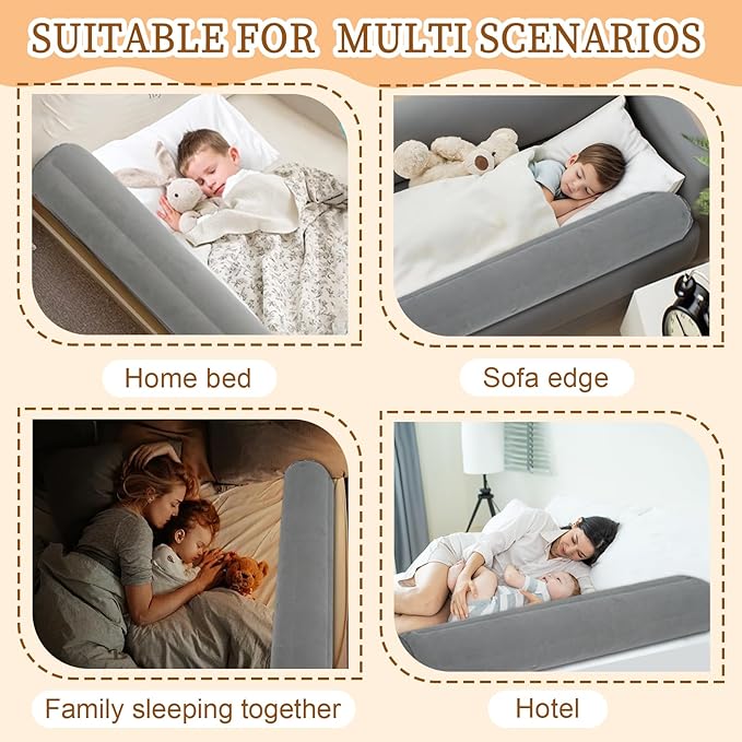 Inflatable Bed Bumpers for Toddlers 2 Pack, Non-Slip Bed Bumper with Machine-Washable Cover, Travel Bed Rail for Kids for King, Queen, Twin, Portable Inflatable Toddler Bed for Hotel, Vacation