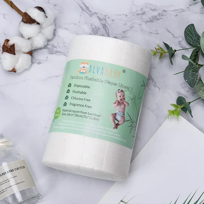 ALVABABY Diaper Liner for Baby Cloth Diapers 11.8x7.1 Inch Natural Soft Disposable Diaper Liners Fragrance Free Chlorine Free 100 Sheets