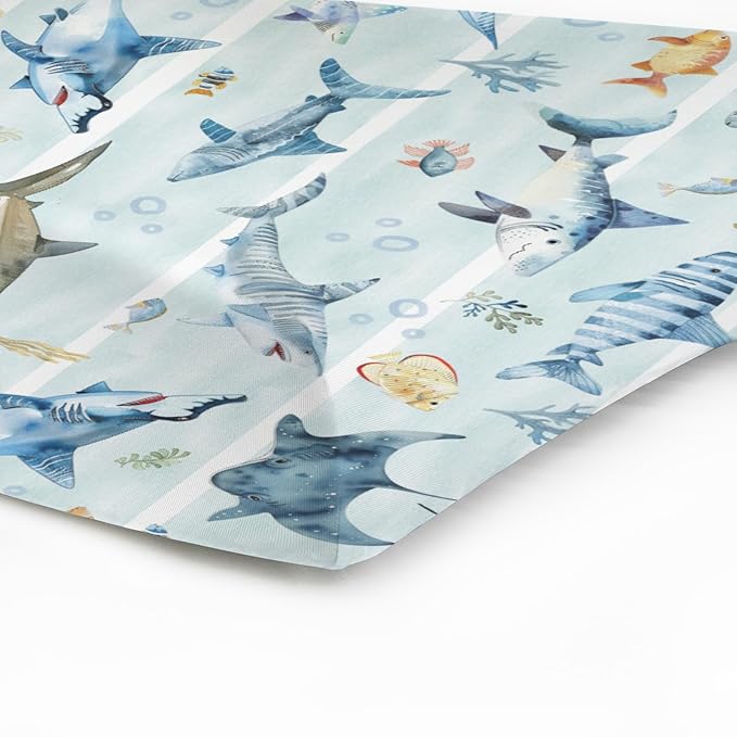 Blue Sharks Baby Changing Pad Covers Sea Animals Sharks Stripes Diaper Changing Table Sheets for Boy Girl Ocean Fishes Corals Nautical Life Soft Stretchy Fitted Nursery Change Table Mats 32''x16''