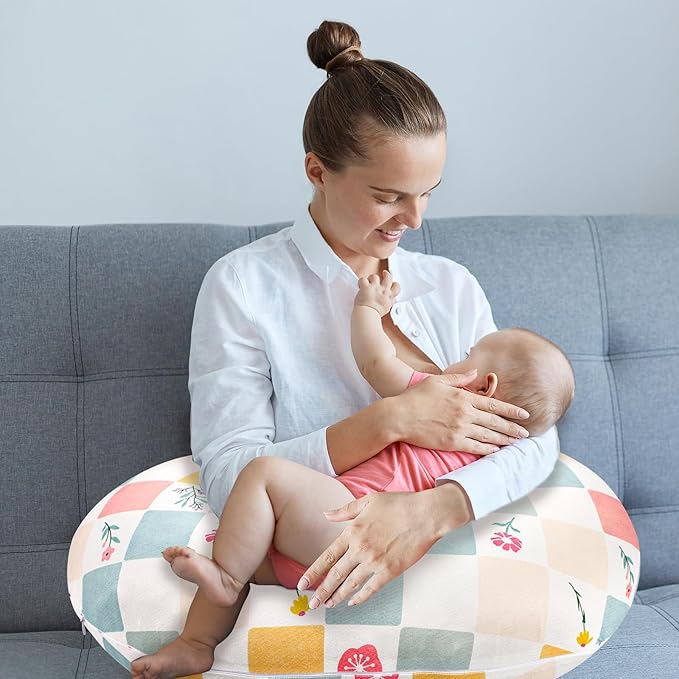 SWESEN Nursing Pillow Cover Girls, Floral Breastfeeding Pillow Cover for Baby, Snug Fits Newborn Nursing Pillow Case, Super Soft Breathable, Flower Lattice