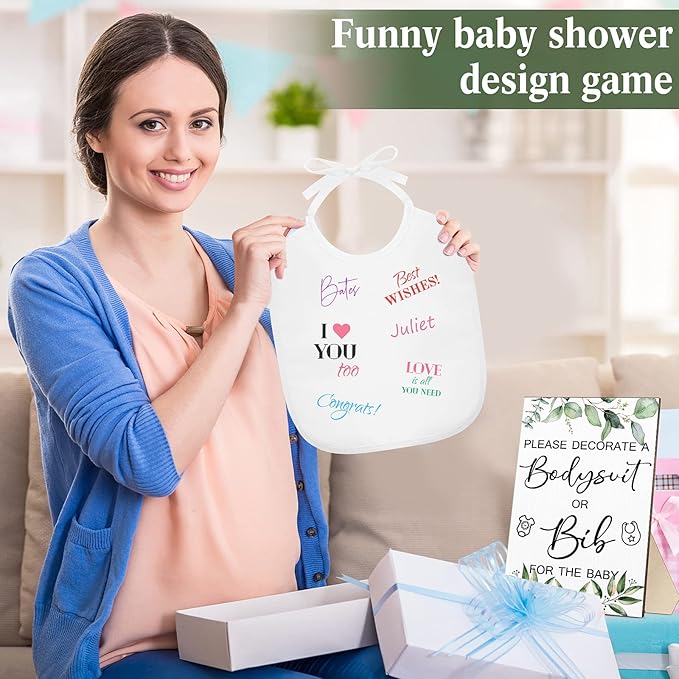 Roowest 35 Pcs Baby Shower Bibs Games Design Wooden Baby Shower Party Game Sign DIY Bodysuit Sign 15 White Blank Bibs 9 Bodysuit 10 Markers for Party Supplies(Greenery)