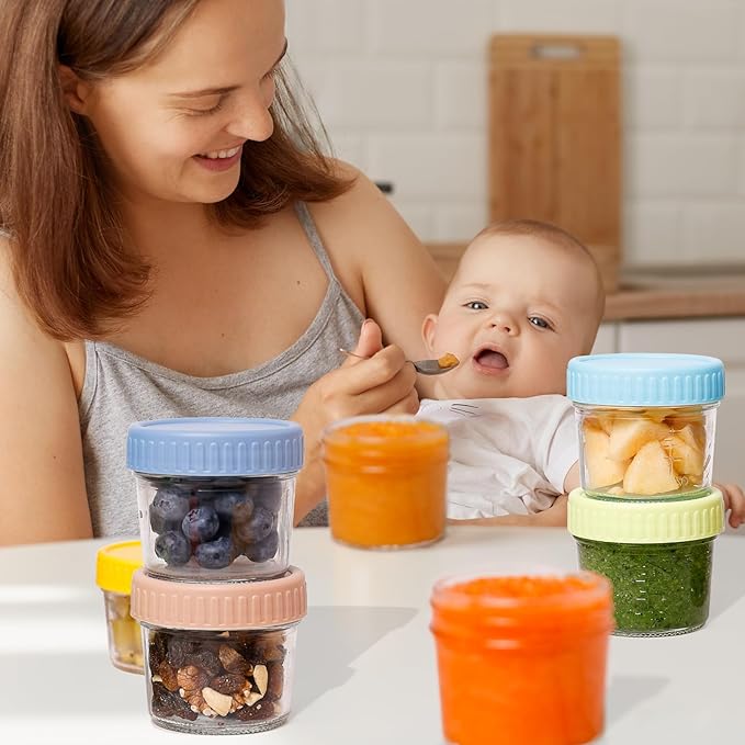 16 pcak Glass Baby Food Storage Containers & 10 Pack Reusable Baby Food Pouches Set, 4 oz Glass Jars with lids for Infant Baby Food,Freezer and Microwave Safe,100% Leak Proof,Reusable BPA Free(16)