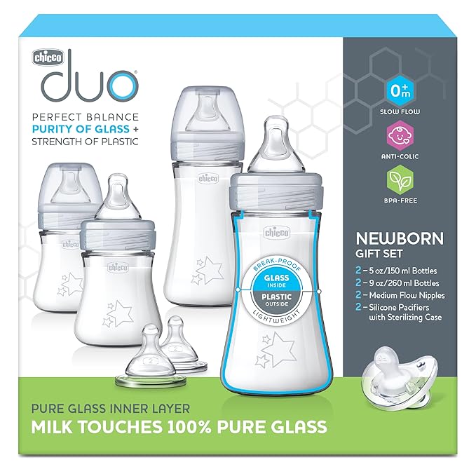 Chicco Duo Hybrid Baby Bottle Newborn Starter Giftset, Real Glass Inside, Lightweight Plastic Outside, Patented Invinci-Glass Technology, Intui-Latch Nipple, Clear/Grey
