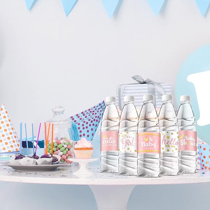 Teling 80 Pieces Baby Shower Water Bottle Labels Waterproof Water Bottle Stickers Wrappers Labels for Baby Shower Party Decoration(Pink Girl Style)
