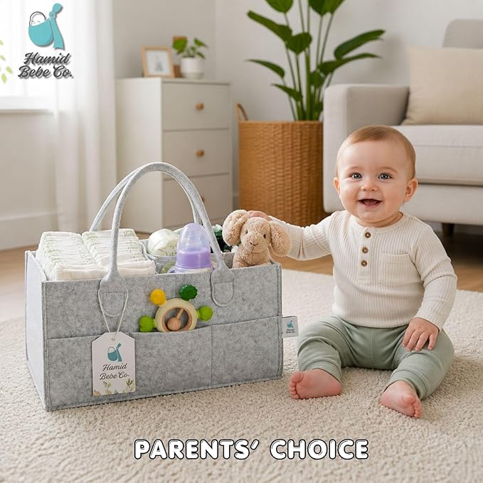 Hamid Baby Diaper Caddy Organizer – Includes Infant Face Cleaning Towel – Grey Large Portable Nursery Storage Basket with 3 Compartments, 8 Pockets, Removable Dividers – Car, Travel Diaper Bag
