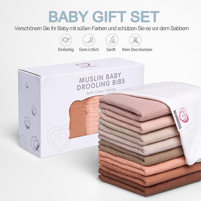 Bearmoss Baby Bibs for Drooling and teething 100% Cotton Muslin Bibs for Baby Boy & Girl,Adjustable, Ultra Absorbent,8 Pack