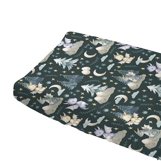 Fairytale Dragons Baby Changing Table Pad Covers Boy Girl 32''x16'' Cute Dragons Eggs Moon Stars Trees Fitted Diaper Change Table Mats Dreamy Animal Soft Breathable Nursery Cradle & Bassinet Sheets