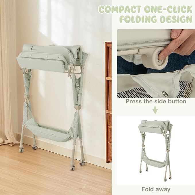 HONEY JOY Changing Table, Folding Mobile Diaper Nursery Organizer w/Wheel, 3 Adjustable Heights, Storage Bag & Open Shelf, Water Basin, Portable Baby Changing Station for Newborn Infant(Green)