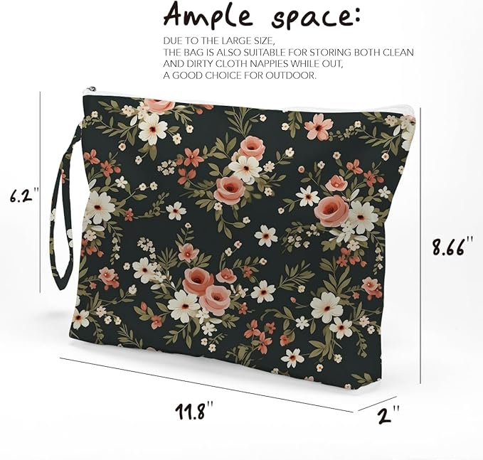 Fokongna Floral Print Wet Bag, Small Portable Waterproof Multi-Functional Organizer for Women, Black Background Pink Floral, Ideal for Daily, Beach & Travel
