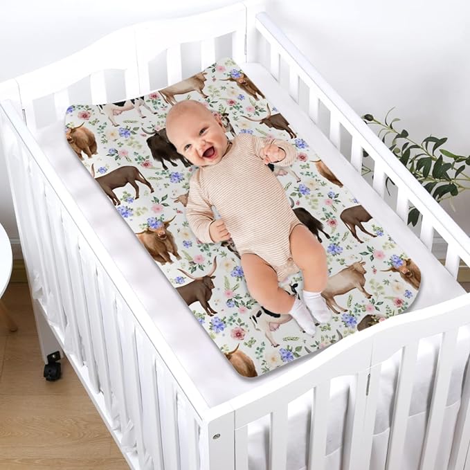 Cows Boho Retro Floral Changing Pad Cover Farmhouse Cows Cattles Yak Flowers Baby Diaper Change Table Sheets for Boys Girls Soft Stretchy Changing Table Mats Cover 32''x16''