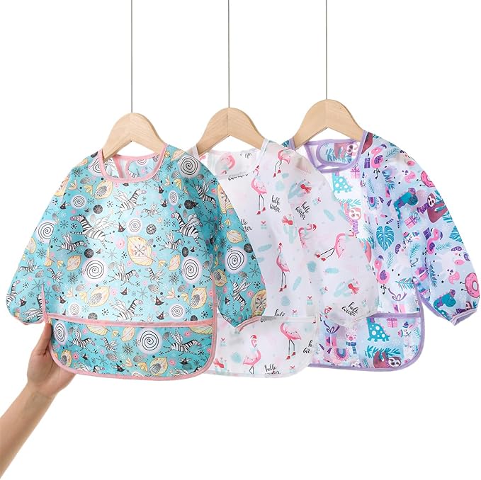 3 Pack Long Sleeve Bib,Baby Smock for Eating 6-30 Months Reusable Shirt Bibs for Babies Toddler