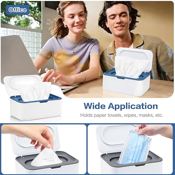 2Pcs Wipe Dispenser, Reusable Baby Wipe Holder Refillable Wipes Container, Easy Open & Close Wipes Pouch Case with Lid for Bathroom Baby Nursery Kitchen Office Travel (Blue/Gray)