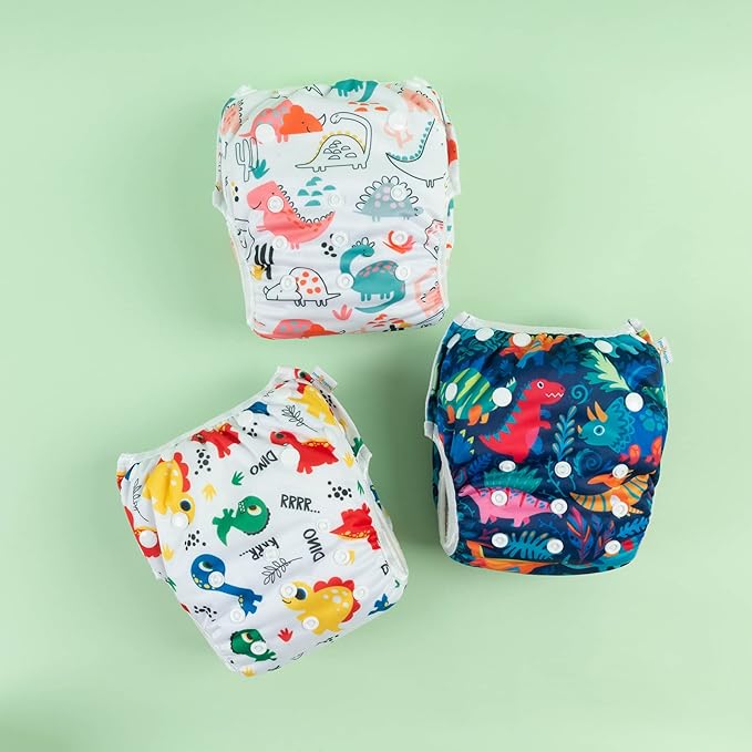 Babygoal Swim Diapers 3 Pack for 8M-3T Babies and Toddlers, Reusable Adjustable Washable for Baby Girl and Boy Swimming Lessons-Dinosaurs