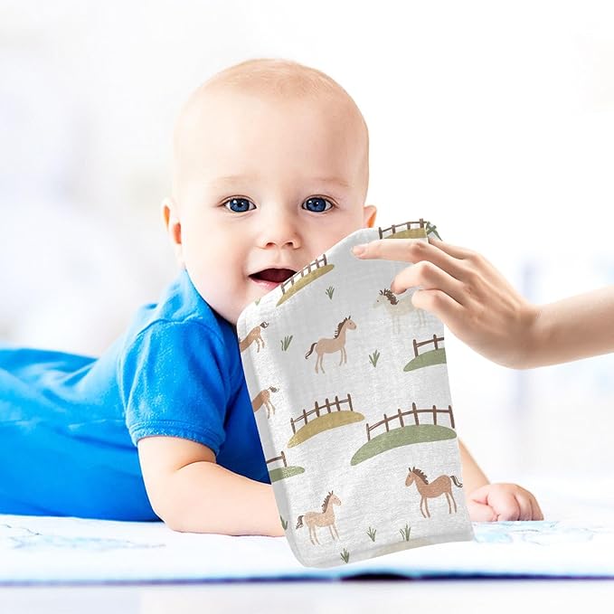 vvfelixl Baby Muslin Washcloths Cute Horses Fences Baby Burp Cloths Cotton Babys Face Towel for Newborn Infants Boys Girls Soft and Absorbent 11.8 X 11.8 in, 3 Pack