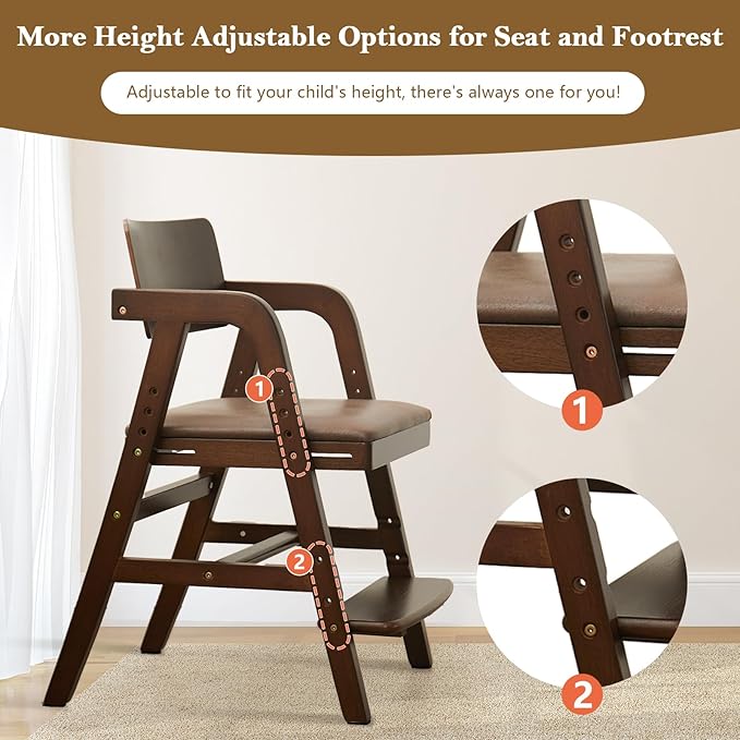 Solid Wood High Chair for Toddlers to Teens, Adjustable Height Toddler Dining Chair, Easy to Clean Toddler Highchair with PU Cushion for Dining, Studying, Step Stool, Walnut