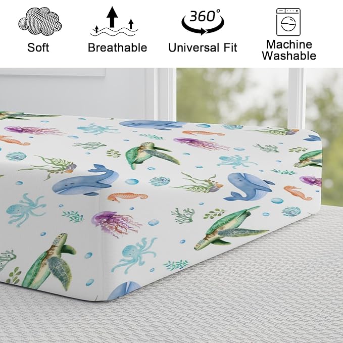 Colorful Sea Animals Changing Pad Cover Ocean Turtle Whale Jellyfish Sea Horse Weeds Sealife Diaper Change Table Pad Cover for Boys Girls Soft Stretch Fitted Changing Mat Sheets Cover 32''x16''
