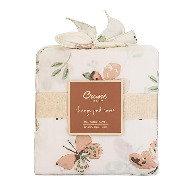 Crane Baby Changing Pad Cover, 100% Cotton Sateen Exterior, Pink Nursery Decor, Pink Butterfly Baby Changing Table Pad Cover, Fits Standard 16" x 32", Butterfly Nursery Decor, Change Table Sheets
