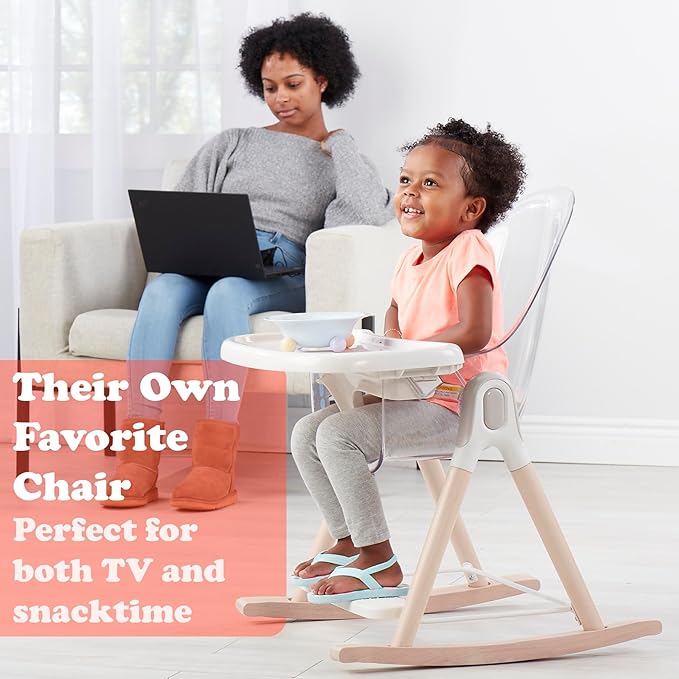 Primo Vista 3-in-1 Convertible High, Toddler, & Rocking Chair, Clear, Transparent Seat, Grows with Child, Modern Style, Adjustable Wooden Legs, Easy to Use, Assemble, Safe & Sturdy, 21.5 x 25 x 40.5"