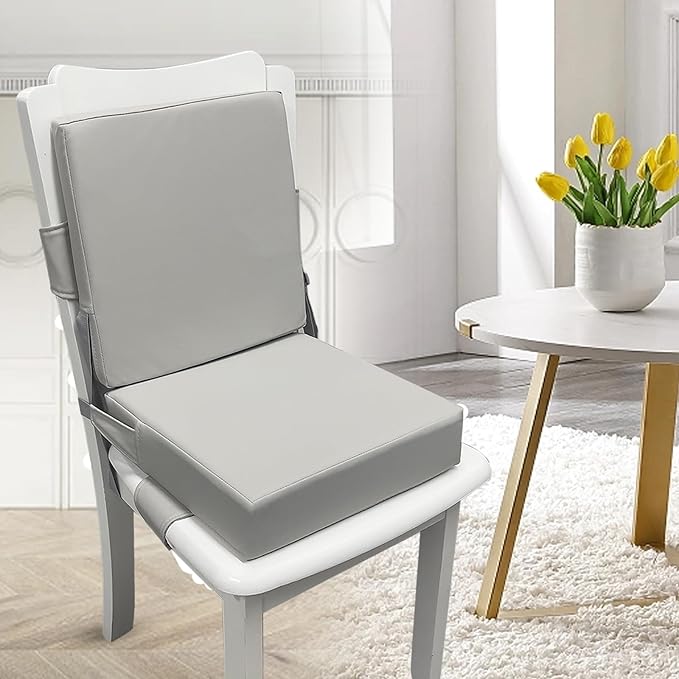 Eiury Booster Seat for Dining Table, PU Anti-Scratch Easy Cleaning Kids Toddler Booster Seat for Table, Portable Travel Increasing Cushion for Chair - Light Grey