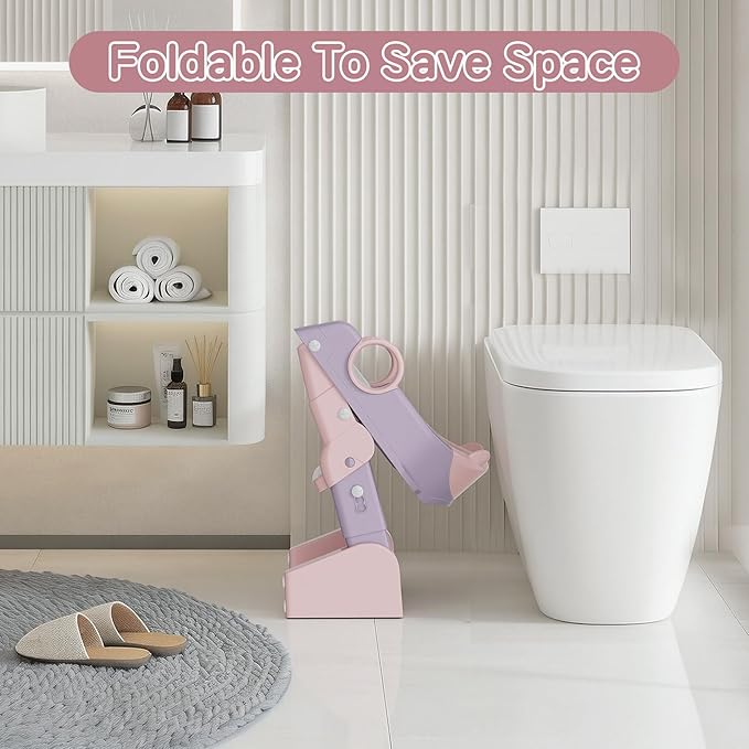 Potty Training Seat,Toddler Toilet Seat for Boys Girls,3-in-1 Potty Training Toilet and Chair with Step Stool Ladder,Anti-Slip Height Adjustable Foldable Splash Guard for Kids (Purple Pink)