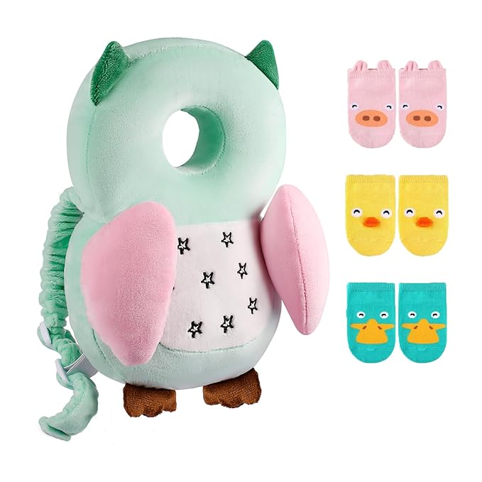 Baby Toddler Walker Head Protector Backpack Adjustable Wear Head Protection Safety Pad Backpack with 3 Pairs Socks for Baby Toddler & Walker Walking & Crawling Cute Owl MTY WZ S4