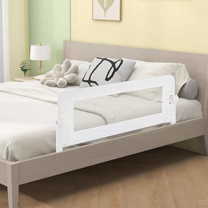 BABY JOY Double Sided Bed Rail Guard, 2 Pack, Extra Long, Swing Down for Convertible Crib, Folding Baby Safety Bedrail for Kids Twin Full Size Queen King Mattress, Rails for Toddlers (White, 47")