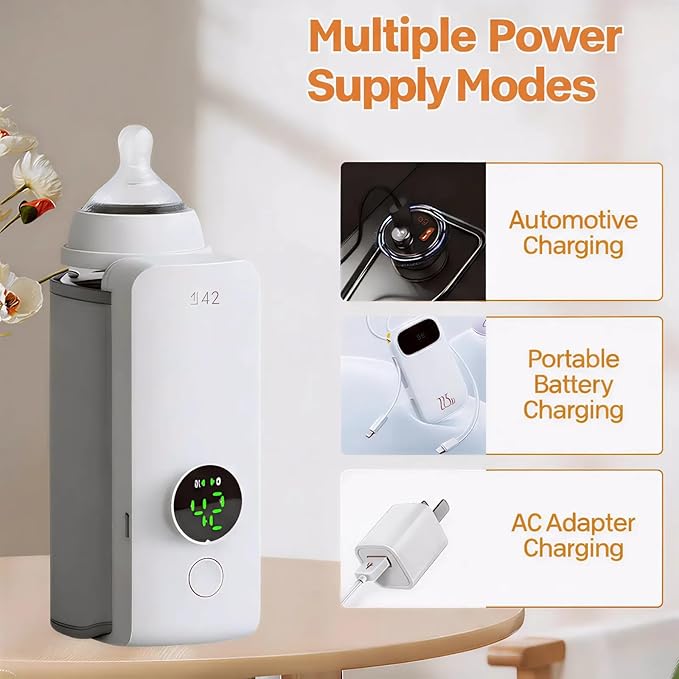 Portable Baby Bottle Warmer for Travel, Fast Heating & Precise Temp Control, Cordless Rechargeable Milk Warmer with LED Display, Waterless & Even Warming for Breastmilk On The Go
