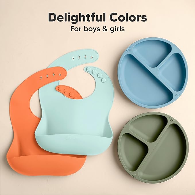 KeaBabies 2-Pack Silicone Bibs for Babies, Toddlers Girl, Boy – Sturdy Food-Grade Baby Bibs for Eating, Large Food Catcher, Clean & Put On Easily, Waterproof Toddler Feeding Essentials (Amaze)